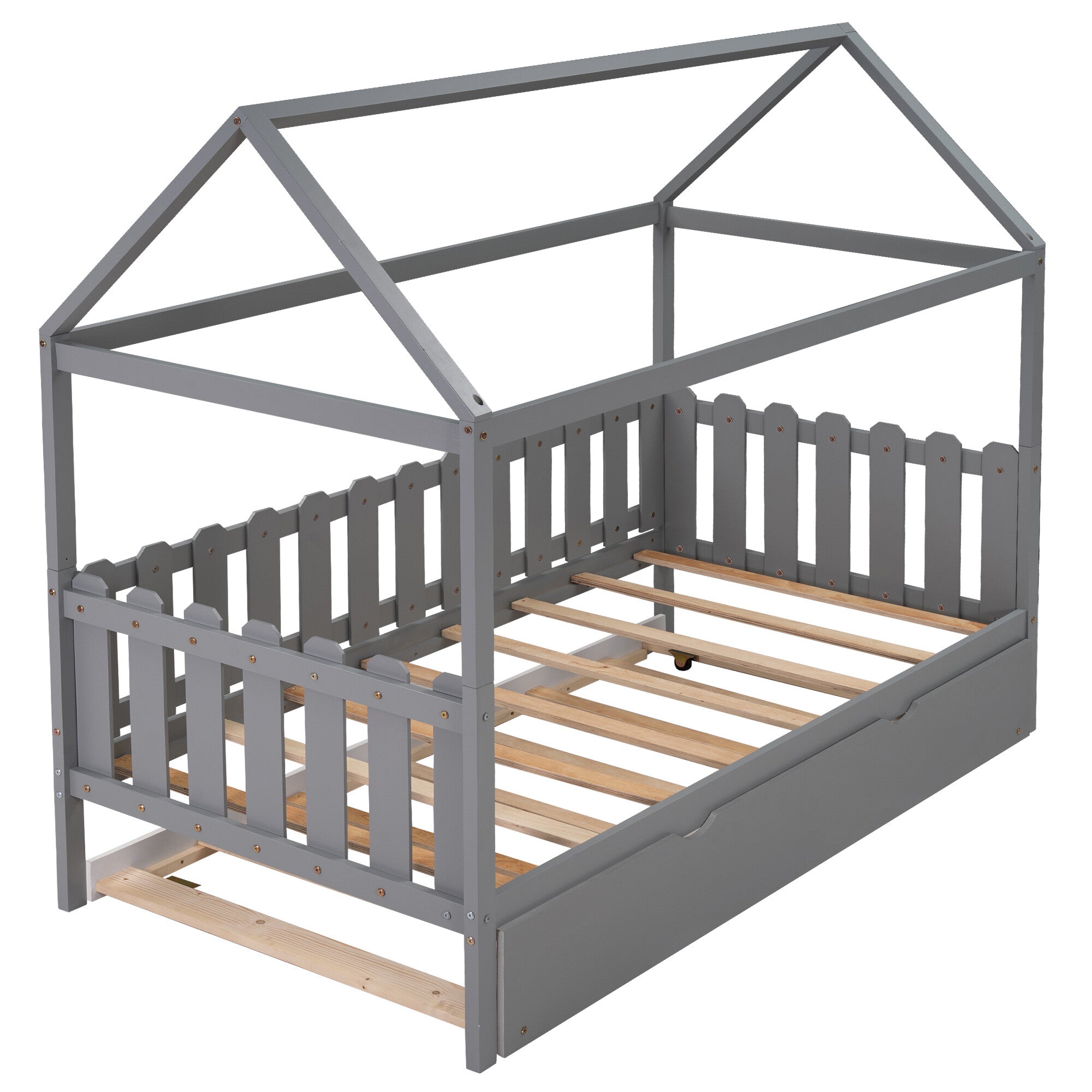 OVERDRIVE Twin Size House Bed Toddler for Kids Wood Frame with Trundle, Fence-Shaped Guardrail, Gray