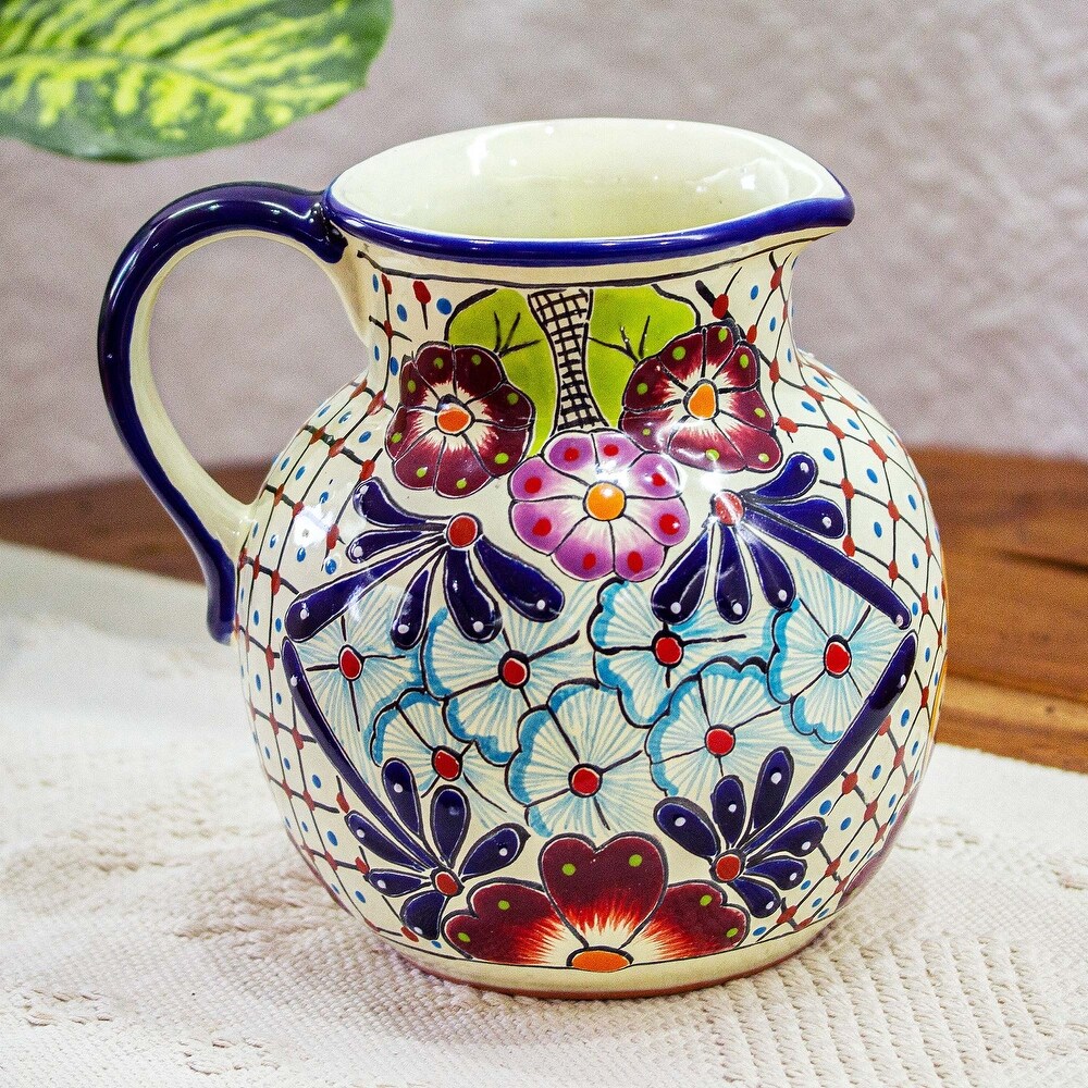 NOVICA Artisan Handblown Ceramic Pitcher Colorful Talaverastyle Multicolor Mexico Tableware Drinkware 'Colors Of Mexico'