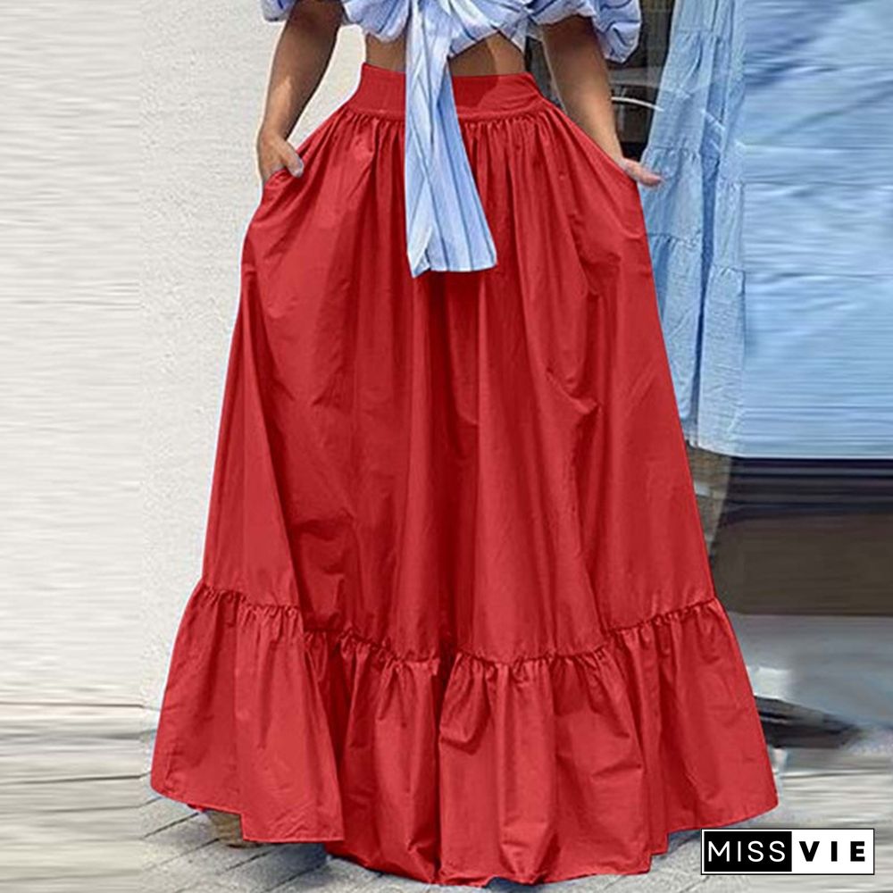 Women Umbrella Long Skirt Dress High Waist Ruffle Hem Casual Pleated Maxi Skirts Plus Size