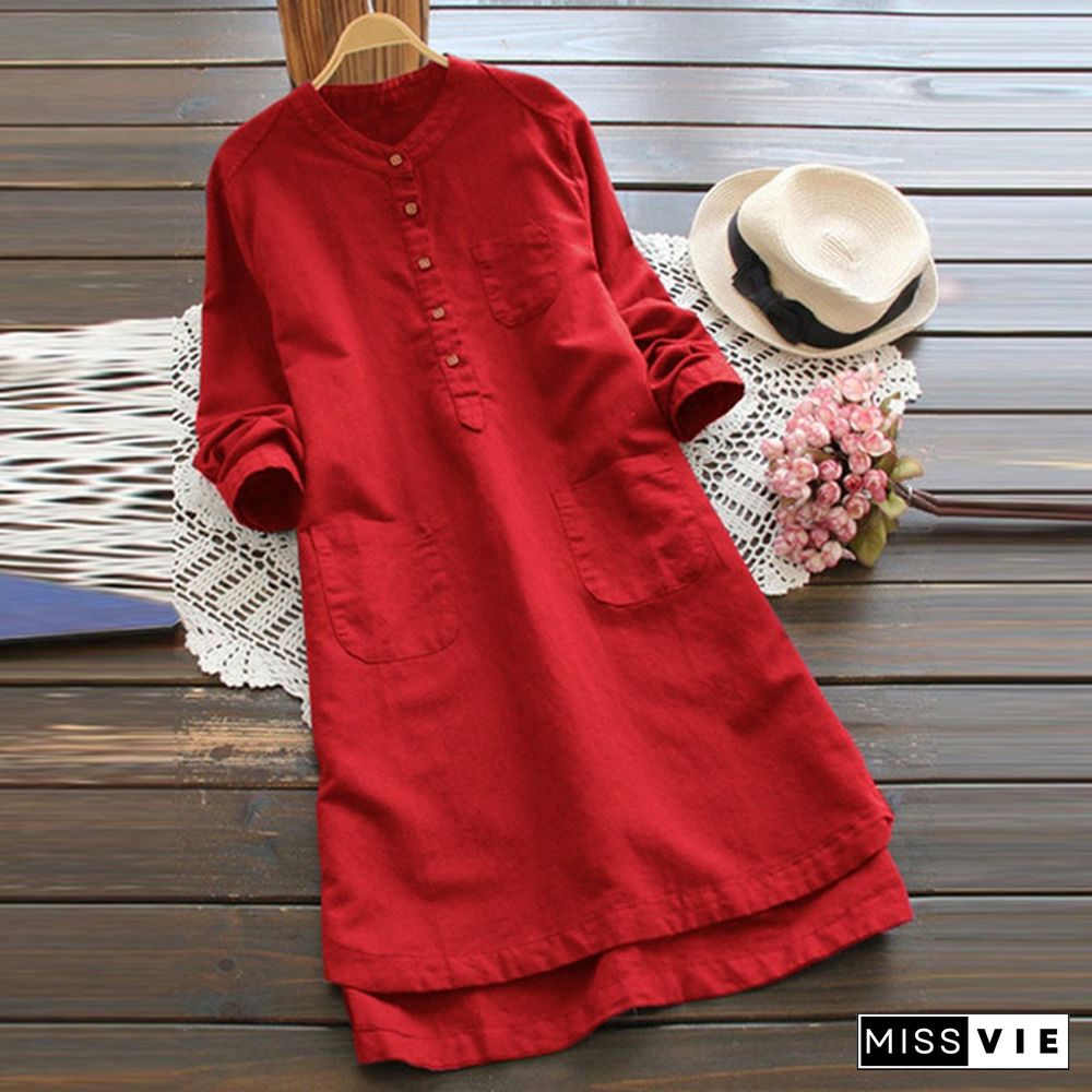 Women Long Sleeve Buttons Neck Long Shirt Dress Mini Dress Tops Mini Robe Plus