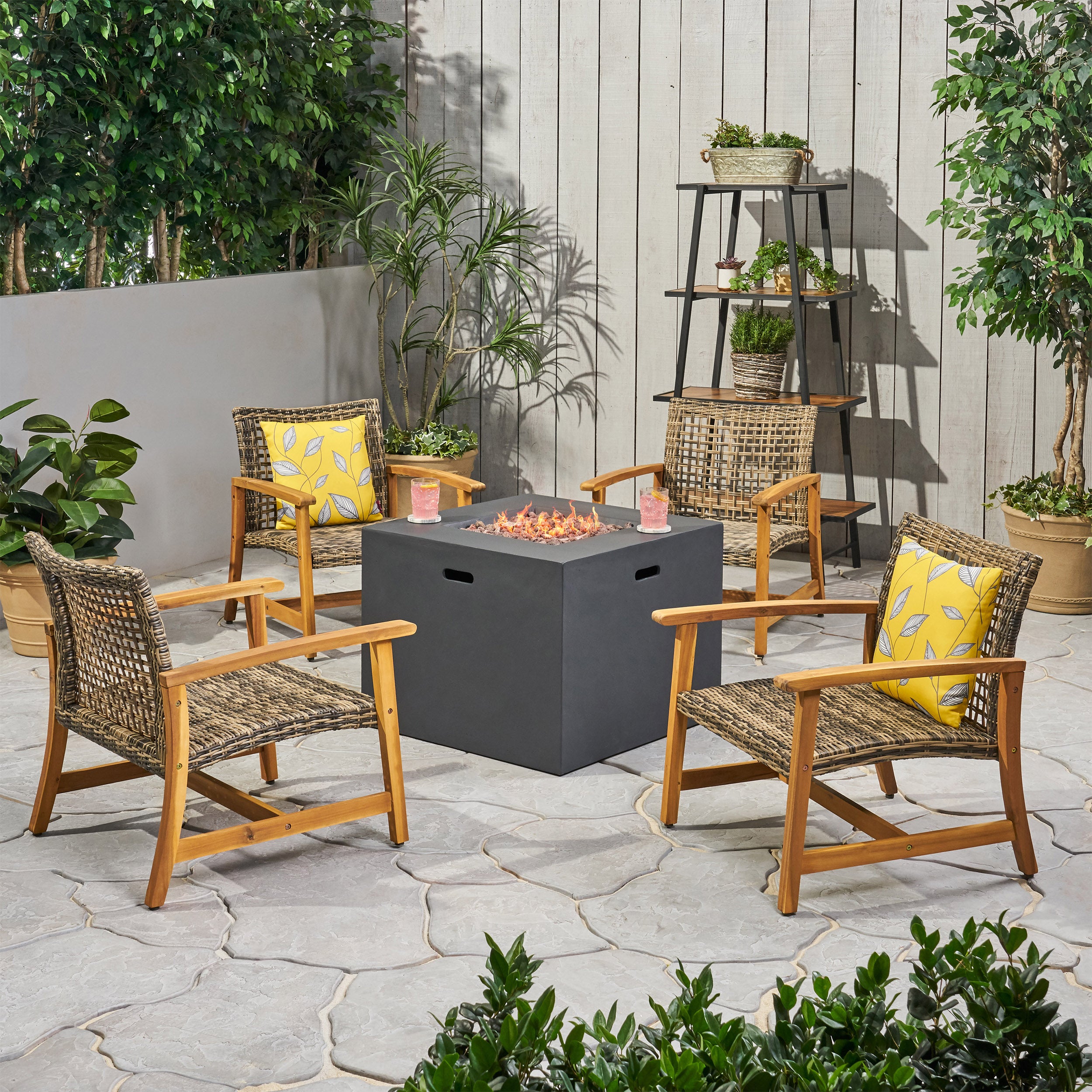 Tabby Outdoor 5 Piece Wood and Wicker Club Chairs and Fire Pit Set