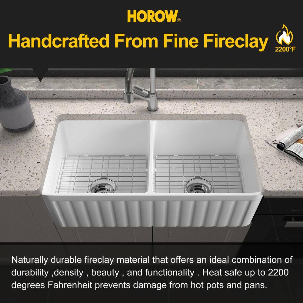 HOROW White Fireclay 33 in. Double Bowl Farmhouse Apron Kitchen Sink Workstation Kitchen Sink with Bottom Grid HR-F3318D