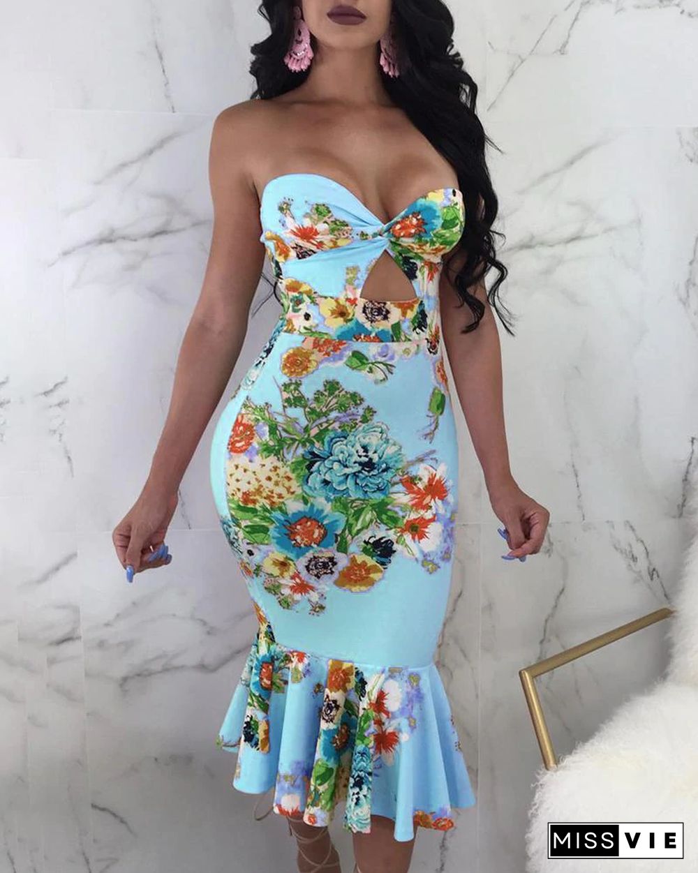 Floral Print Ruffles Hem Tube Dress