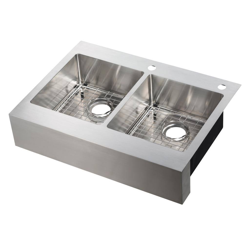 Glacier Bay Retrofit Drop-In Stainless Steel 33 in. 2-Hole 5050 Double Bowl Flat Farmhouse Apron Front Kitchen Sink 302-7356