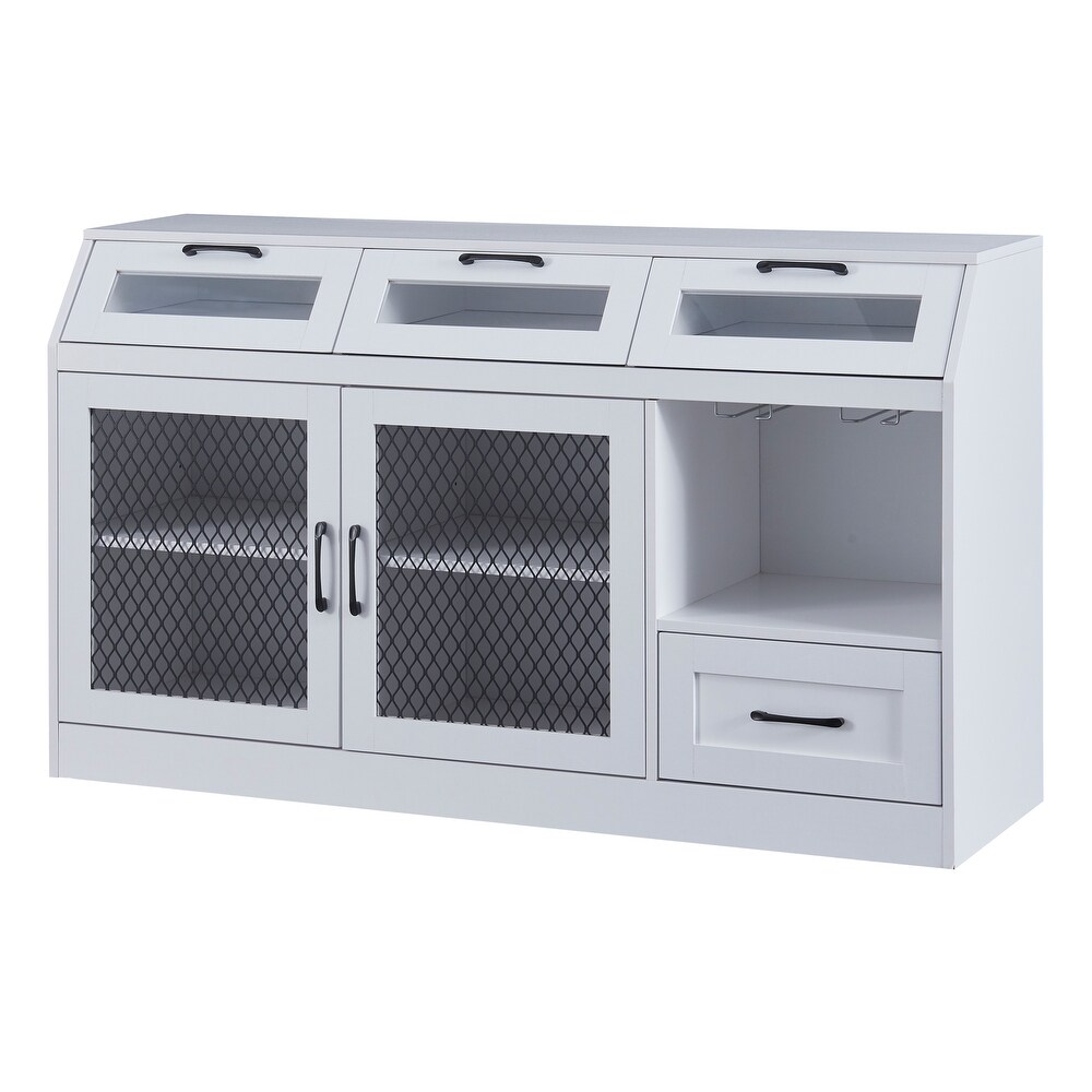 Kitchen Sideboard Multifunctional Buffet Cabinet with Drawers  Mesh Metal Doors and Wineglass Holders