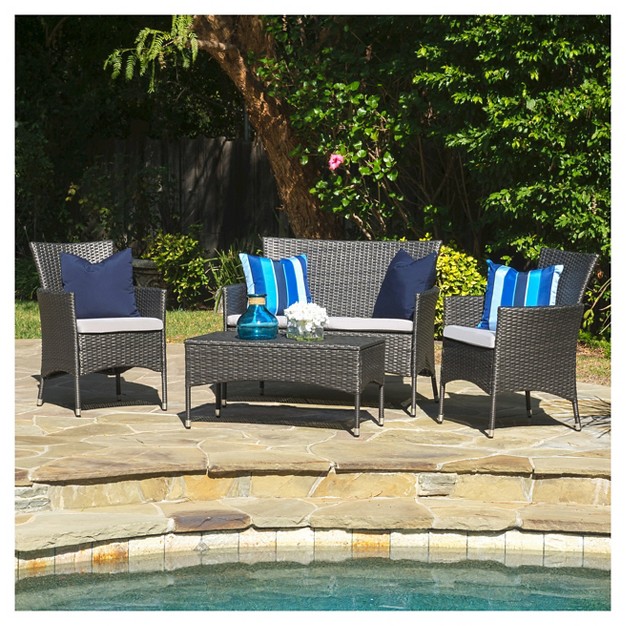 Malta Outdoor 4pc Wicker Chat Set With Cushions Christopher Knight Home