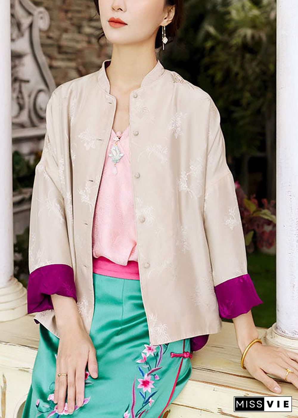 Boutique Colorblock button Stand Collar Wear on both sides Print silk coats Spring