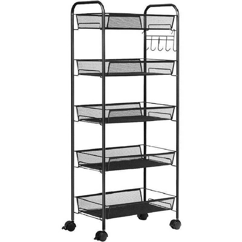 5 Tier Mesh Rolling File Utility Cart Storage Basket-Black