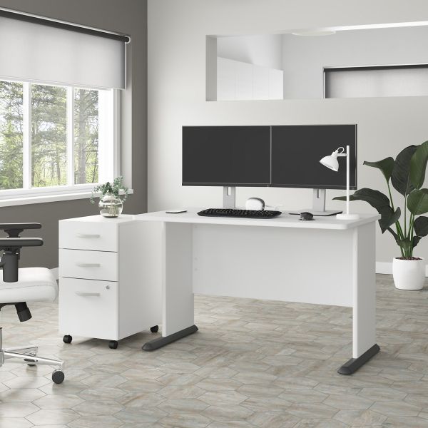 Bush Business Furniture Studio A 48W Computer Desk with 3 Drawer Mobile File Cabinet in White