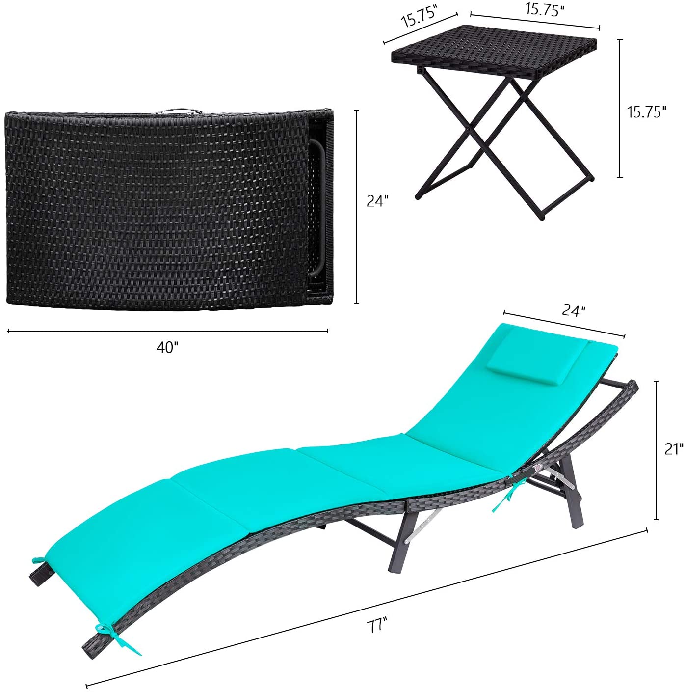 Lacoo 3 Pieces Patio Furniture Outdoor Patio Lounge Chair Adjustable Folding Lawn Poolside Chaise Lounge Chair PE Rattan Patio Seating with Folding Table and Blue Cushion