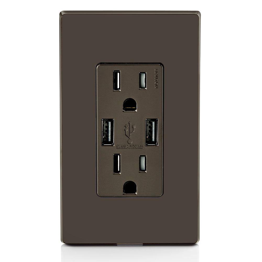 Leviton 3.6A USB Dual Type A In-Wall Charger with 15 Amp Tamper-Resistant Outlets Brown R06-T5632-0BB