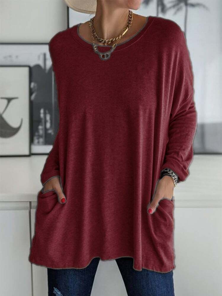 Solid Pocket Round Neck Long Sleeve T-Shirt
