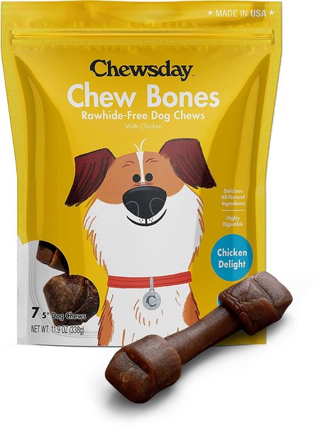 Chewsday Chicken Delight Chew Bones Rawhide-Free Dog Hard Chews， 7 count， Small