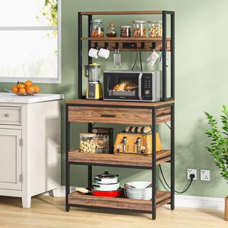 TRIBESIGNS WAY TO ORIGIN Bachel Vintage Brown Baker's Rack with Power  USB Outlets 5-Tier Microwave Oven Stand with Drawer and Sliding Shelves HD-JW0363Y