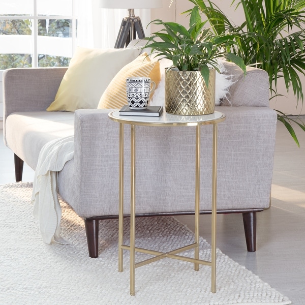 Adore Decor Elliott Marble Side Table， White/Gold