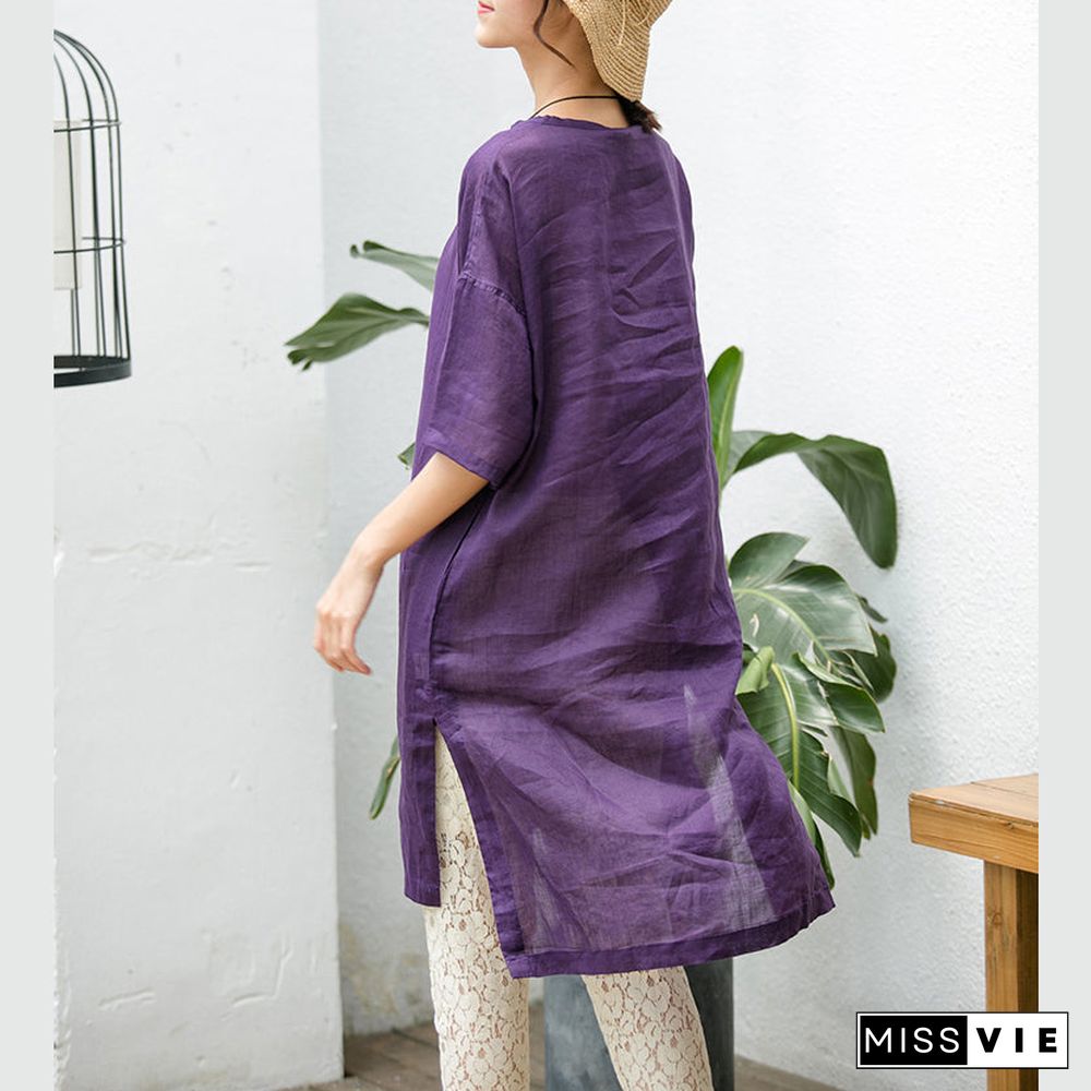 Elegant purple natural cotton linen dress oversize traveling clothing Fine short sleeve O neck a line skirts cotton linen dress