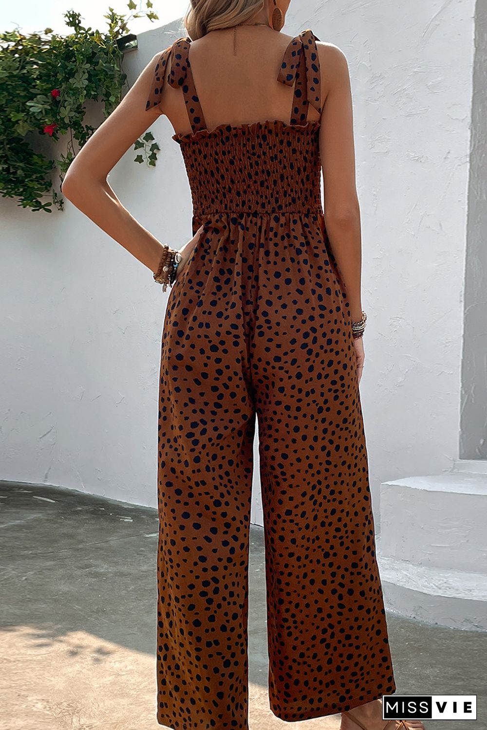 Brown Cheetah Print Smocked Wide Leg Jumpsuit