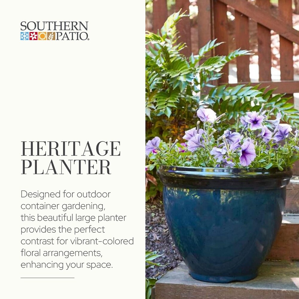 Southern Patio 12 Inch Heritage Outdoor Round Glossy Resin Planter  Monaco Blue   1