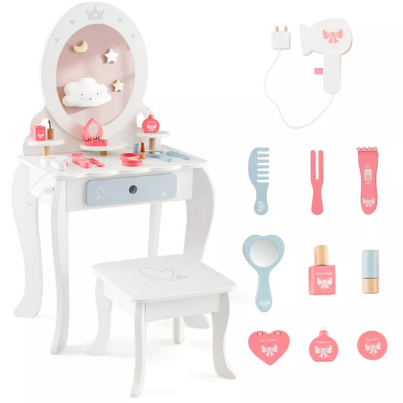 Kids 2-in-1 Princess Makeup Table And Chair Set With Removable Mirror-white