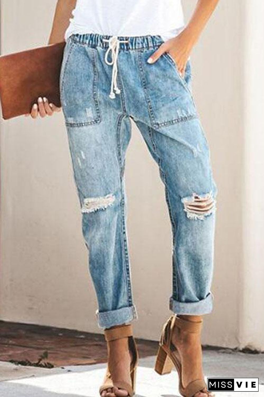 Elastic Waist Ripped Jeans