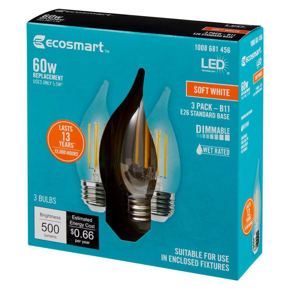 EcoSmart 60-Watt Equivalent BA11 Dimmable Edison LED Light Bulb Soft White (3-Pack) BA11C5DE26827Z