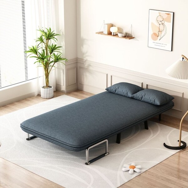 Convertible Blue Grey Sleeper Sofa Bed TriFold Sofa Bed with Adjustable Backrest and Pillow