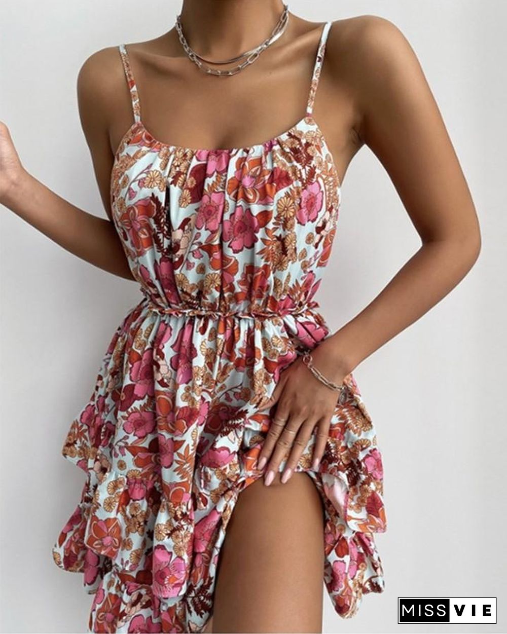 Multicolor Floral Print Spaghetti Strap Layered Mini Dress P13504