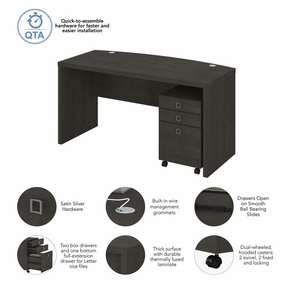 Office by kathy ireland Echo Bow Front Desk with Mobile File Cabinet in Charcoal Maple