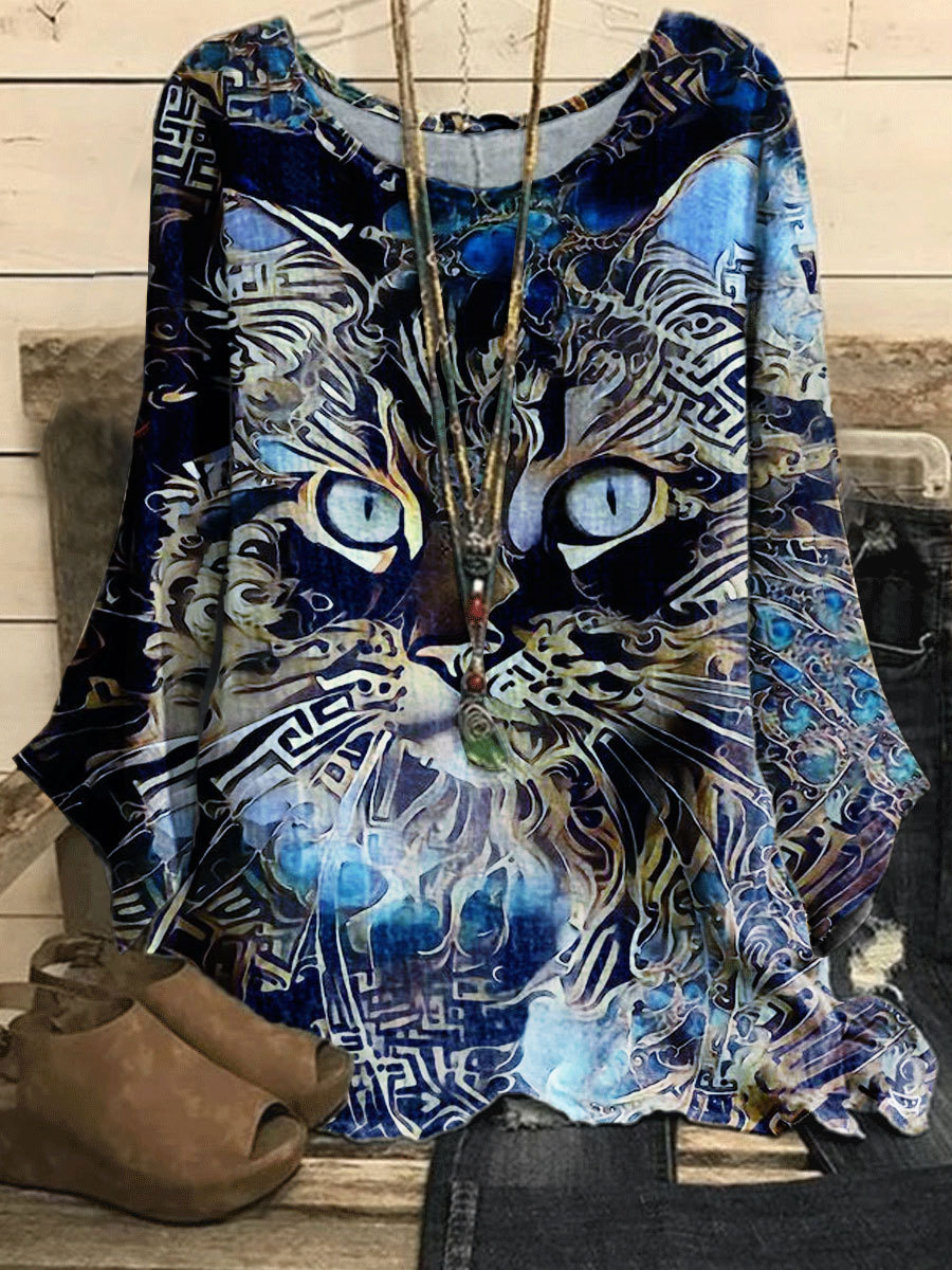 Round Neck Casual Loose Bronzing Cat Print Long-sleeved Blouse