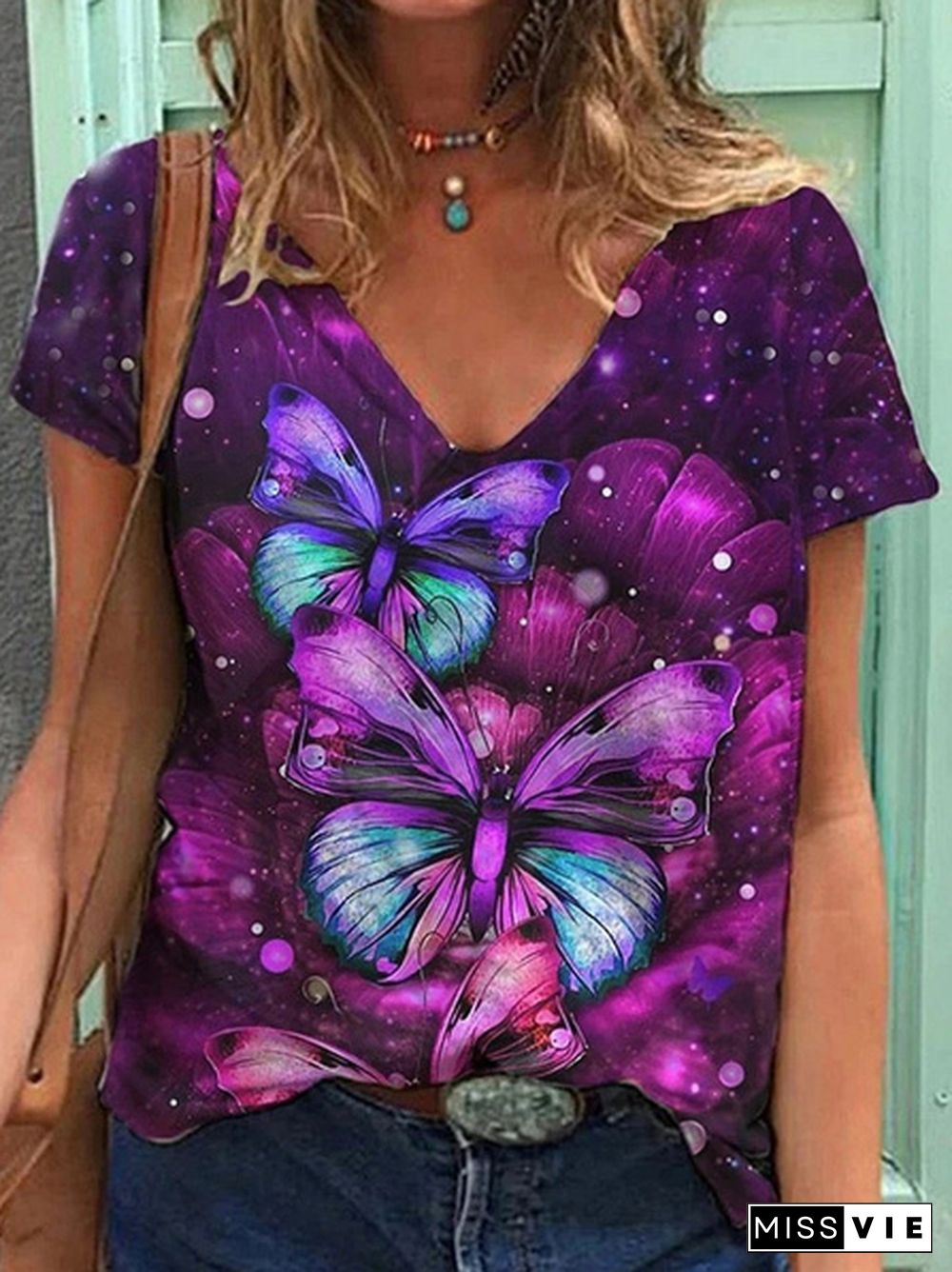 Summer Fashion Women's Printing Short Sleeve Tops Graphic T Shirts Butterfly Printed Cotton Tee Shirt Plus Size