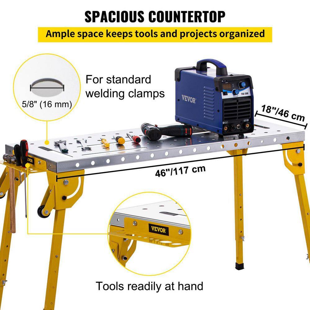 VEVOR 46 in. x 18 in. Welding Table Steel Folding Industrial Workbench with 1000 lbs. Load Capacity Adjustable Height HJTYCWBD14618JCDAV0