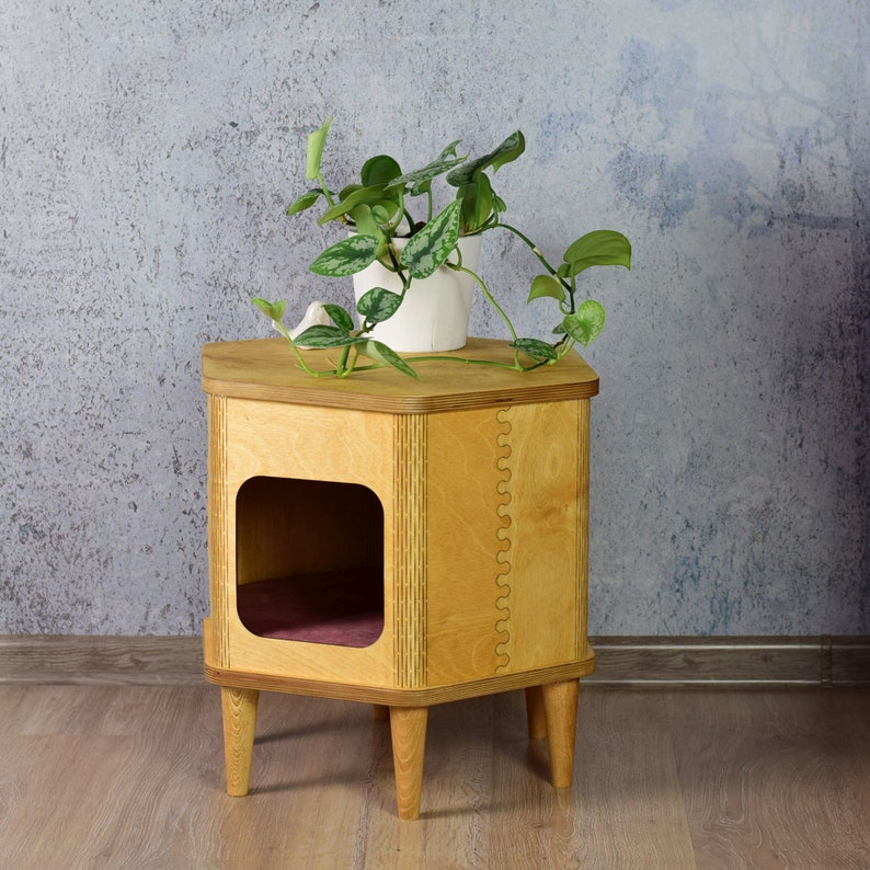 Cat hexagon house, wooden pet house, modern table, cat bed, pet furniture