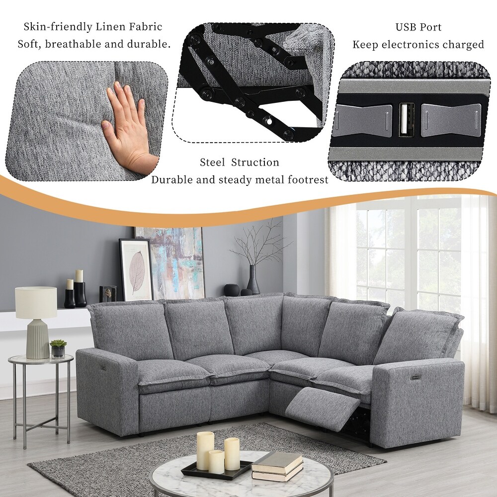 L Shaped Sectional Sofa Living Room Sofa with 2 Power Recliner Chair   USB Port  Home Theater Theater Room Leisure Couch  Grey