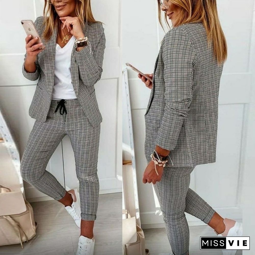 Women Elegant Long Sleeve Blazer Sets Lapel Neck Blazer Coat & Drawstring Pants Set Two Piece Outfits For Women