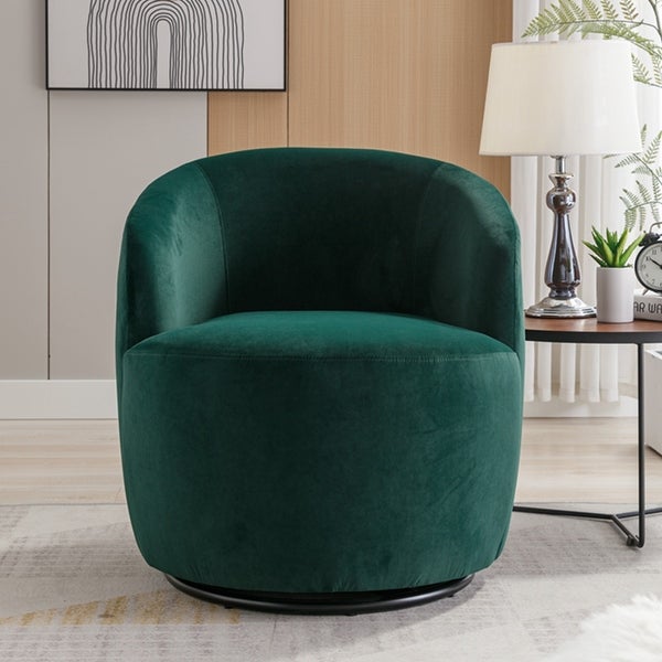 Velvet Fabric Swivel Accent Armchair Barrel Chair With Black Powder Coating Metal Ring