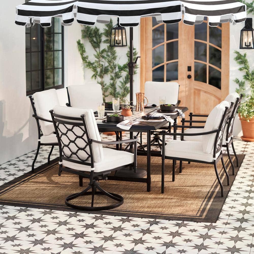 Hampton Bay 9 ft Aluminum Market Crank and Auto Tilt Patio Umbrella in Cabana Black and White Stripe with Trim