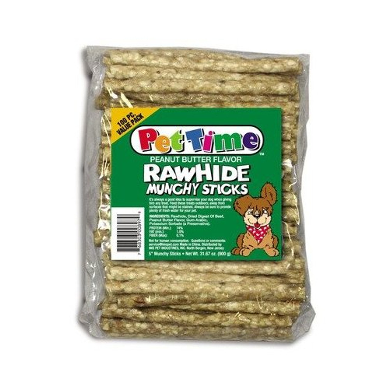 Rawhide Peanut Butter Munchy Sticks Dog Treats， 100 pack