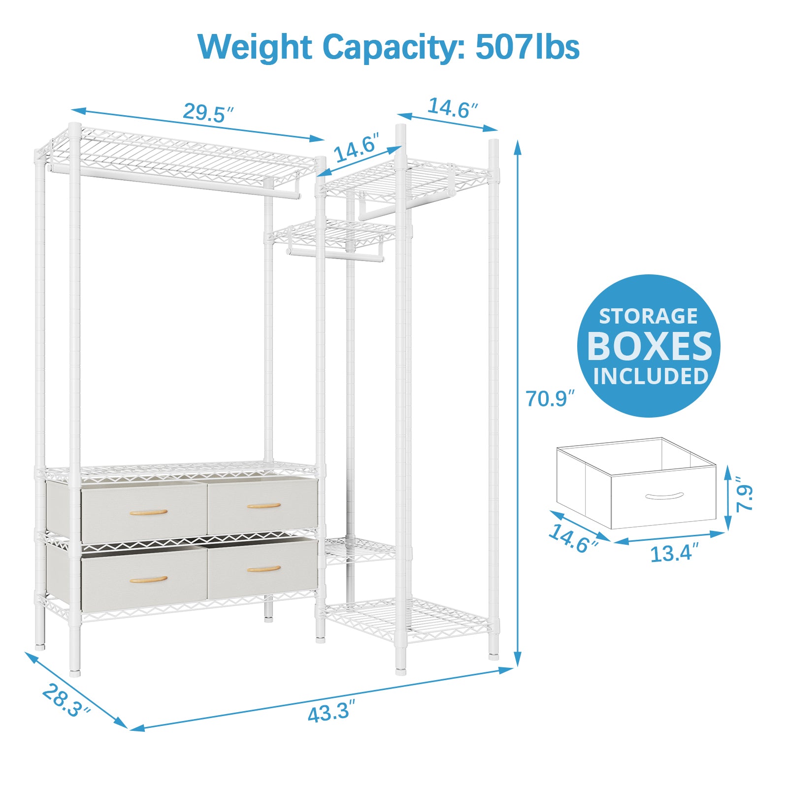 VIPEK L20 L Shaped Garment Rack Clothing Rack, 43.3" L x 28.3" W x 70.9" H, White