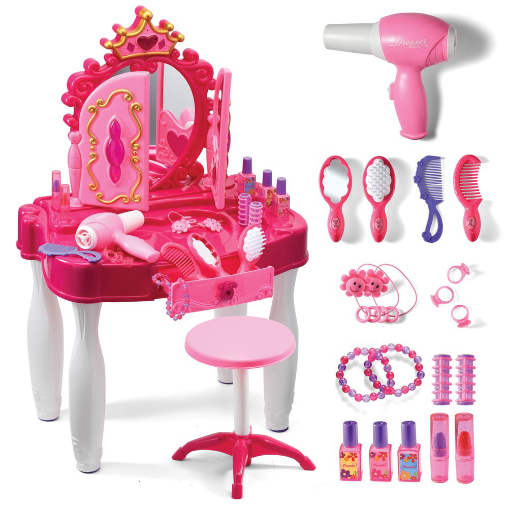 Pretend Play Vanity Set with Mirror and Stool 20 PCS - Kids Makeup Vanity Table Set with Lights and Sounds - Kids Beauty Salon Set Includes Fashion Hair  Makeup Accessories  Blow-dryer - Play22USA