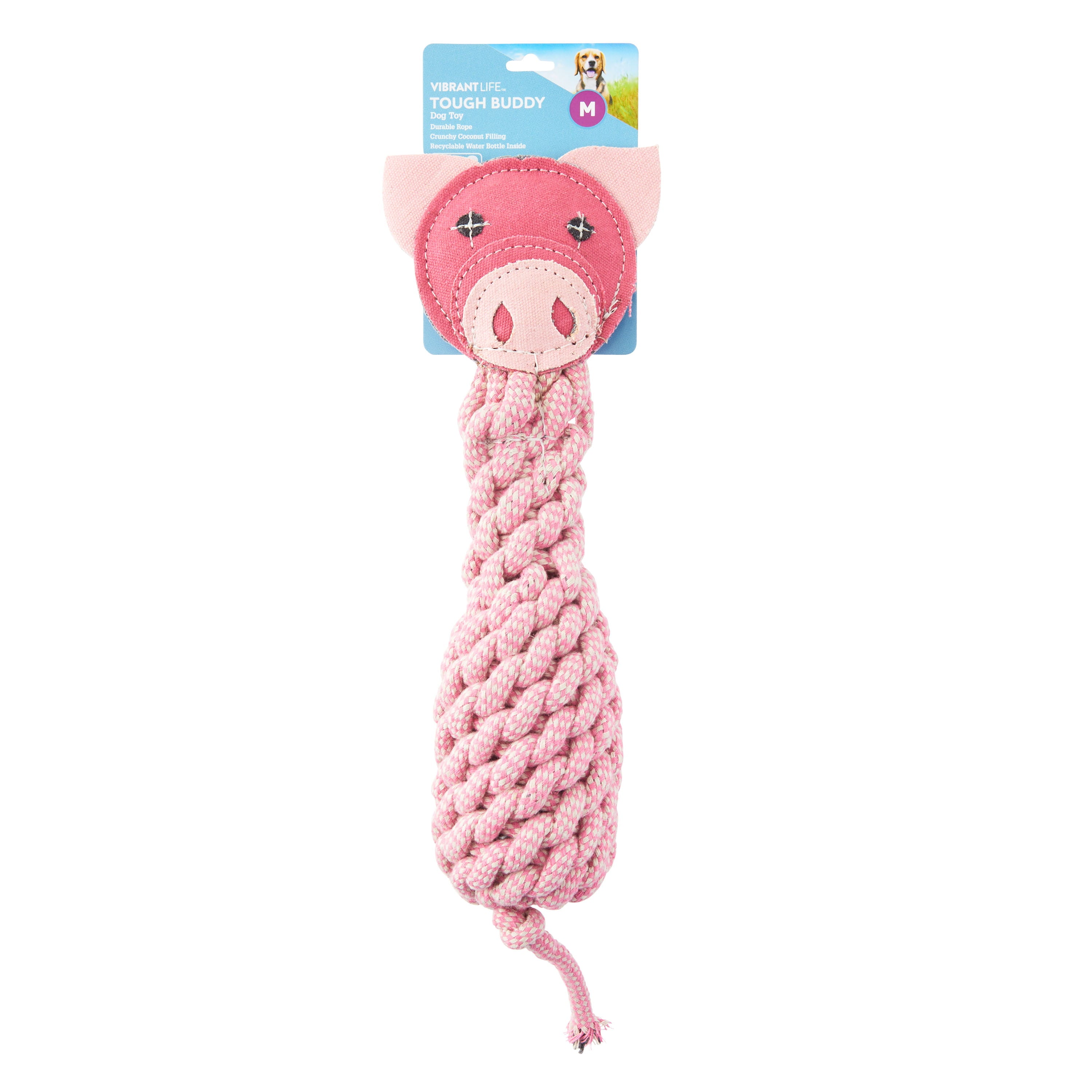 Vibrant Life Tough Buddy Rope Pig Dog Toy with Replaceable Bottle， 14 inches Tall， Chew Level 3