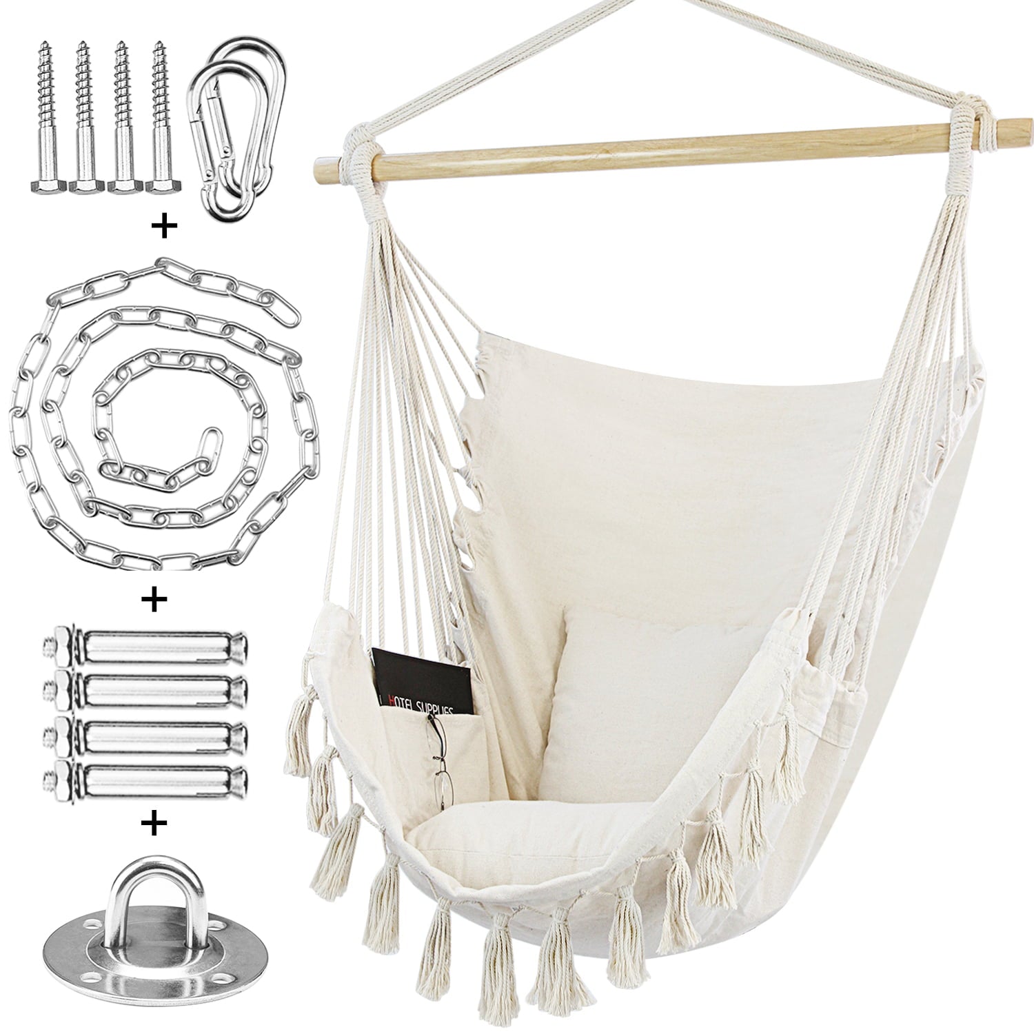 Indoor Outdoor Hammock Chair Swing with Hanging Hardware Kit - Beige, Cotton Canvas, Include Carry Bag & Two Seat Cushions