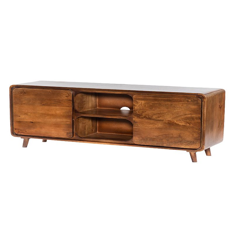 55 Inch TV Media Entertainment Center Console， Mango Wood， 2 Doors， Warm Brown