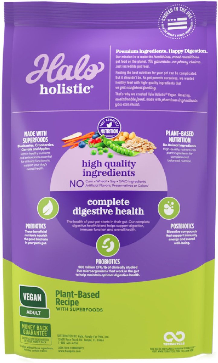 Halo Holistic Vegan Dog Food Complete Digestive Health Plant-Based Recipe with Superfoods Adult Formula Dry Dog Food