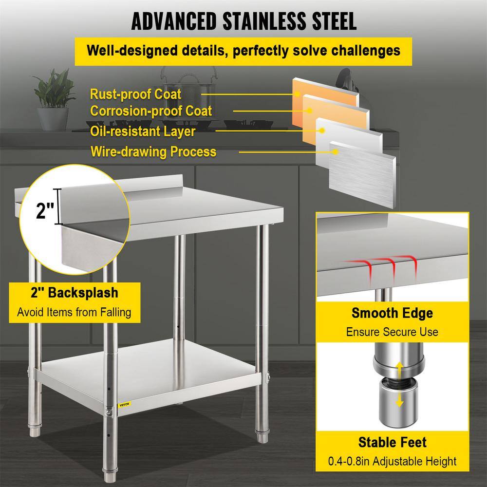 VEVOR Stainless Steel Prep Table 30 x 24 x 35 in. Heavy Duty Metal Worktable with Adjustable Undershelf Kitchen Utility Tables BXGDBGZ3024353OTSV0