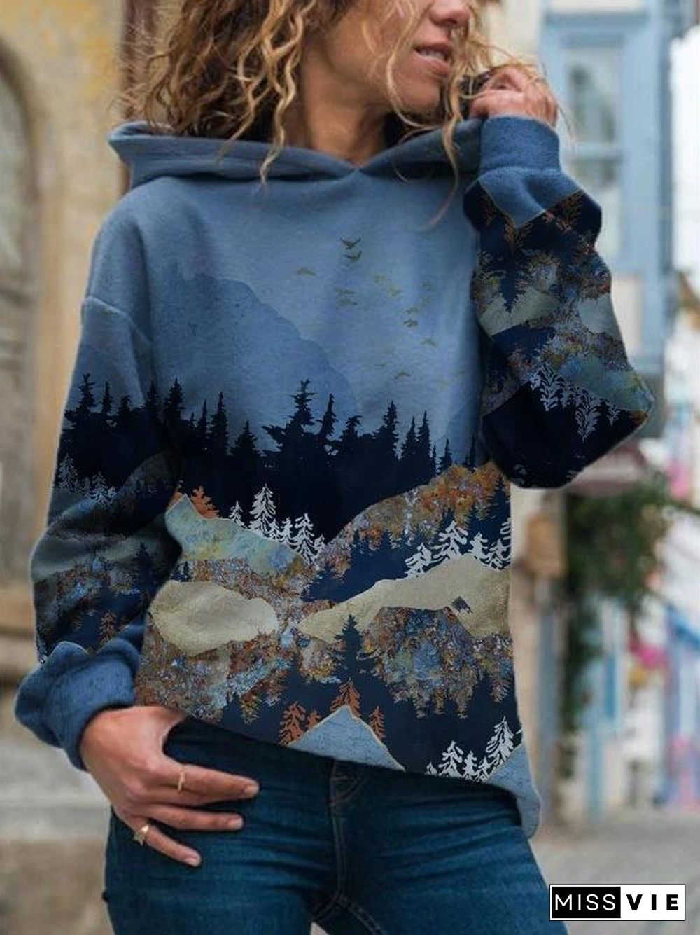 Blue Mountains-And-Waters Painting Loose Hoodie With Hat