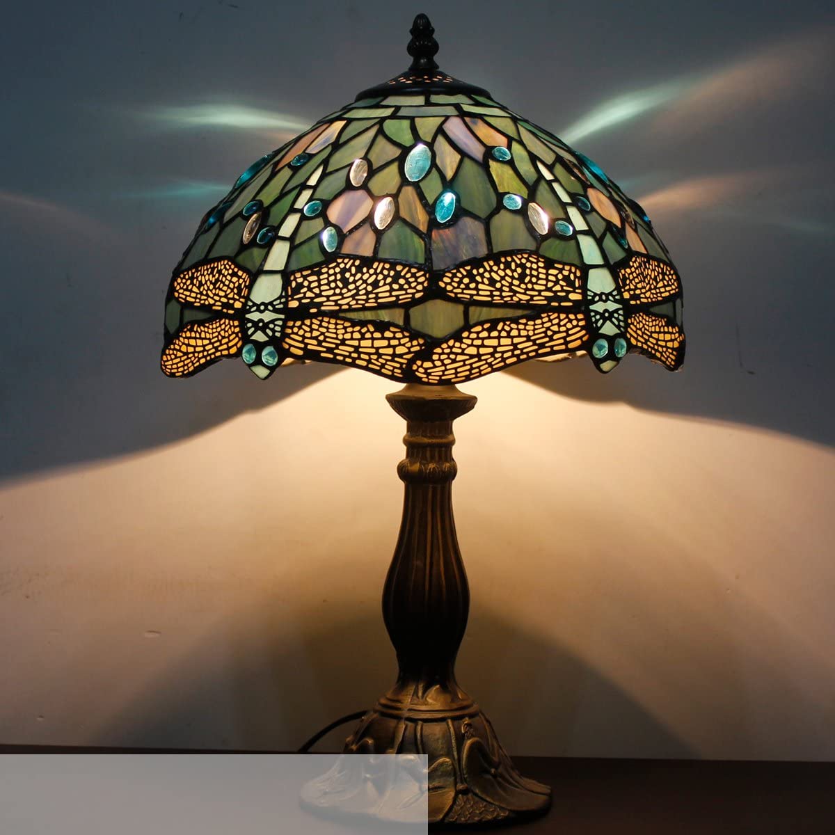 SHADY Tiffany Lamp Sea Blue Stained Glass Table Lamp 12X12X18 Inches Dragonfly Style Desk Reading Light Decor Beside Bedroom Living Room Home Office S147 Series