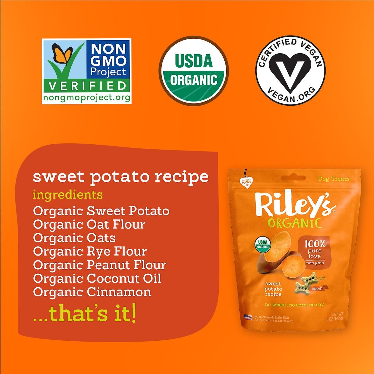 Riley's Organic Sweet Potato Recipe Biscuit Dog Treat， 5-oz bag