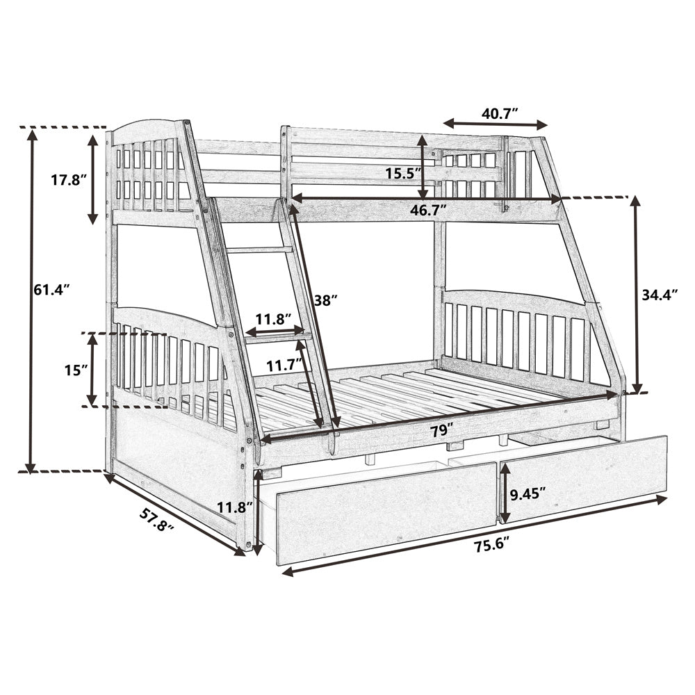 Twin Over Full Bunk Bed with Two Storage Drawers, Pine Wood Bed Frame and Ladder with Guard Rails for Toddlers, Kids, Teens, Boys and Girls, Brown