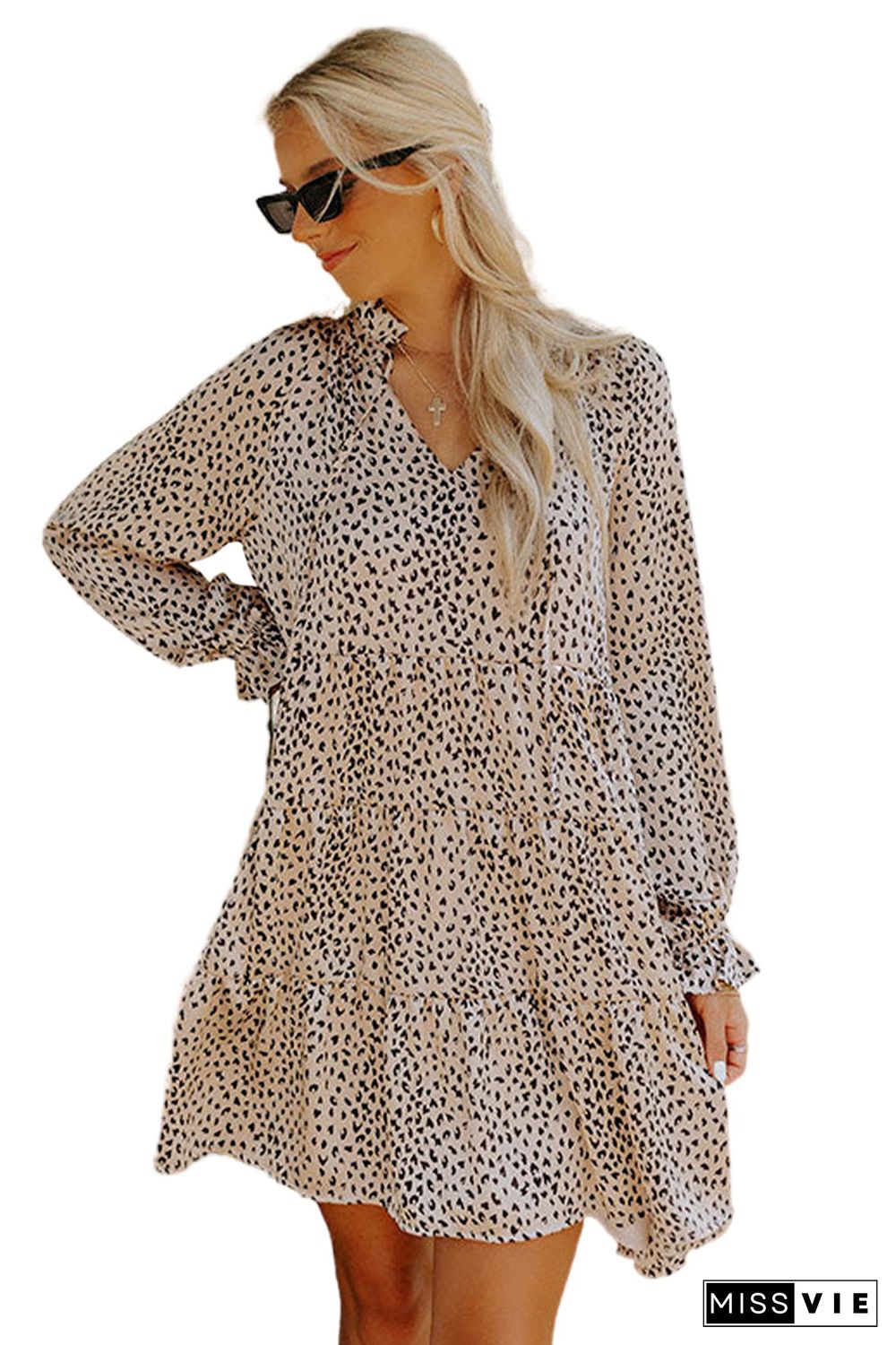 Khaki Leopard Print Ruffled V Neck Long Sleeve Mini Dress