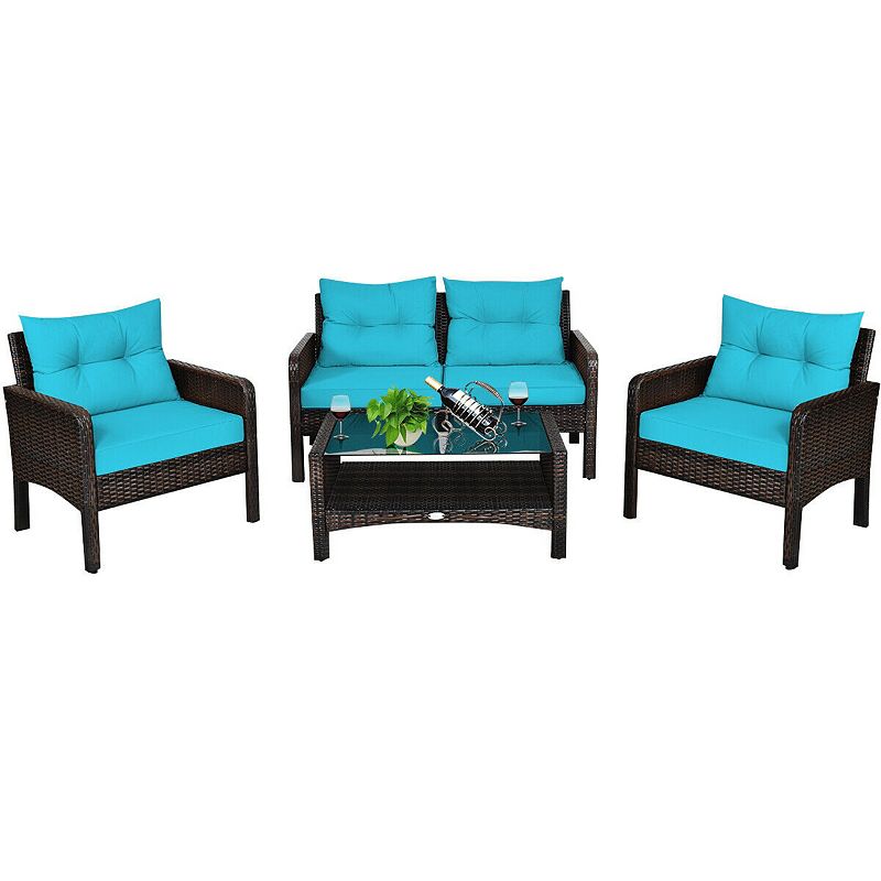 4 Pieces Outdoor Rattan Wicker Loveseat Furniture Set with Cushions